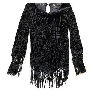 Velvet Burnout Pattern Long Sleeve Fringe Shirt - Witchcore Witchy